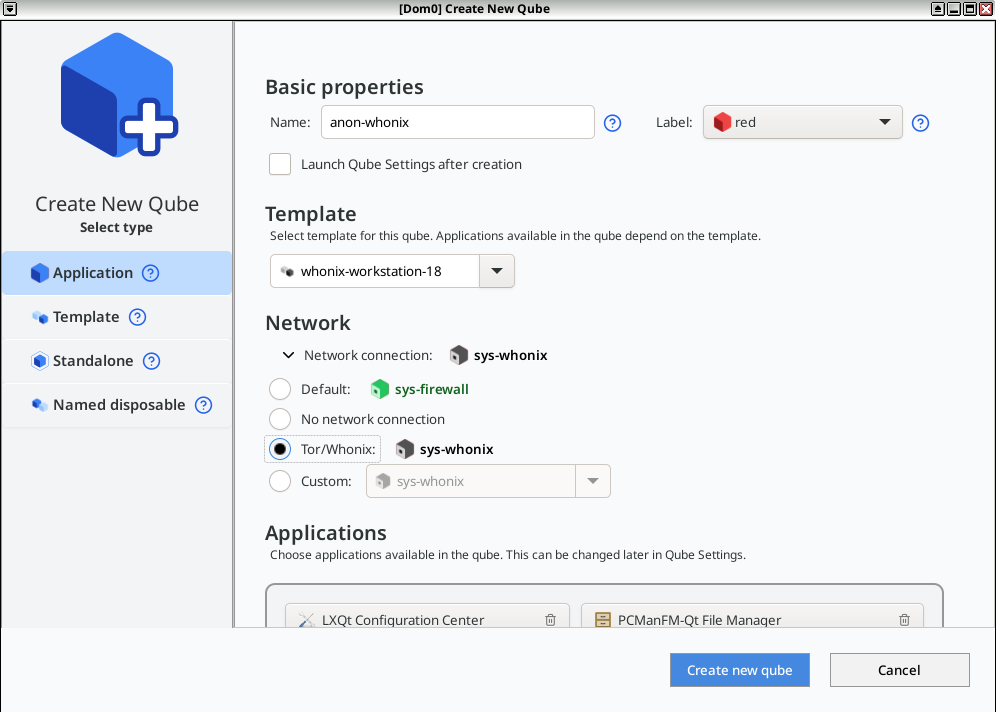 App Qube Creation using Qubes VM Manager (QVMM)
