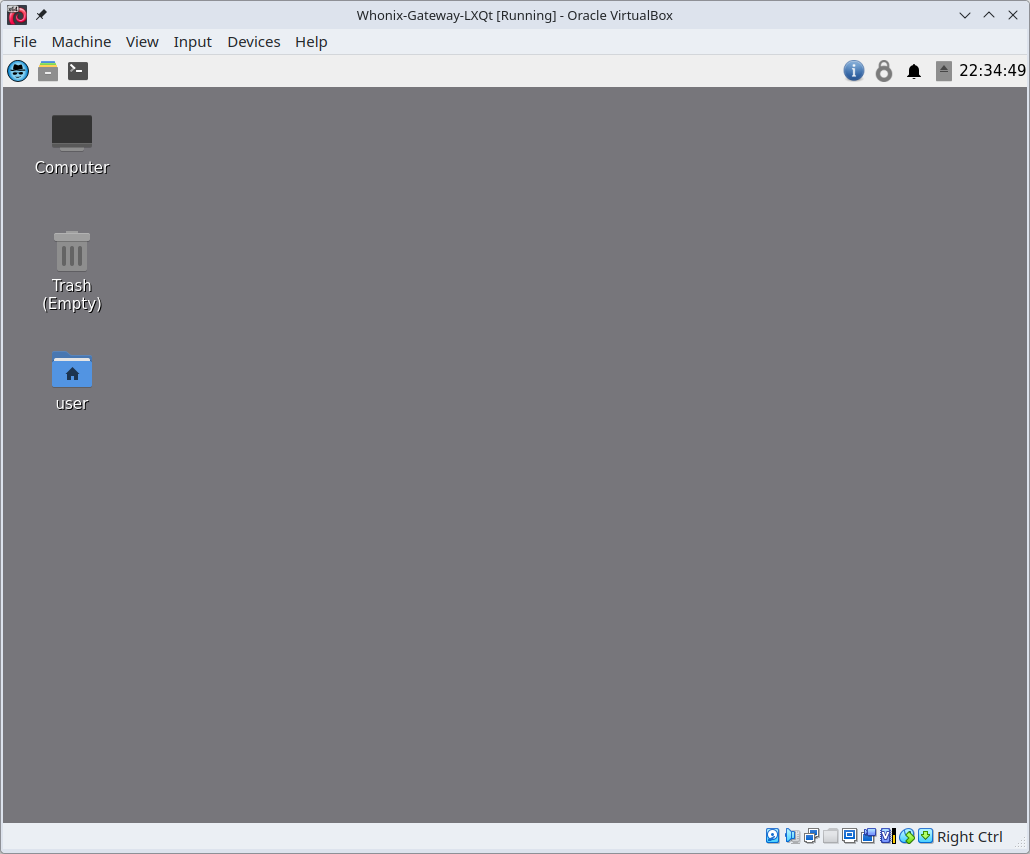 Whonix-Gateway LXQt VM running in the virtualizer VirtualBox (real screenshot)